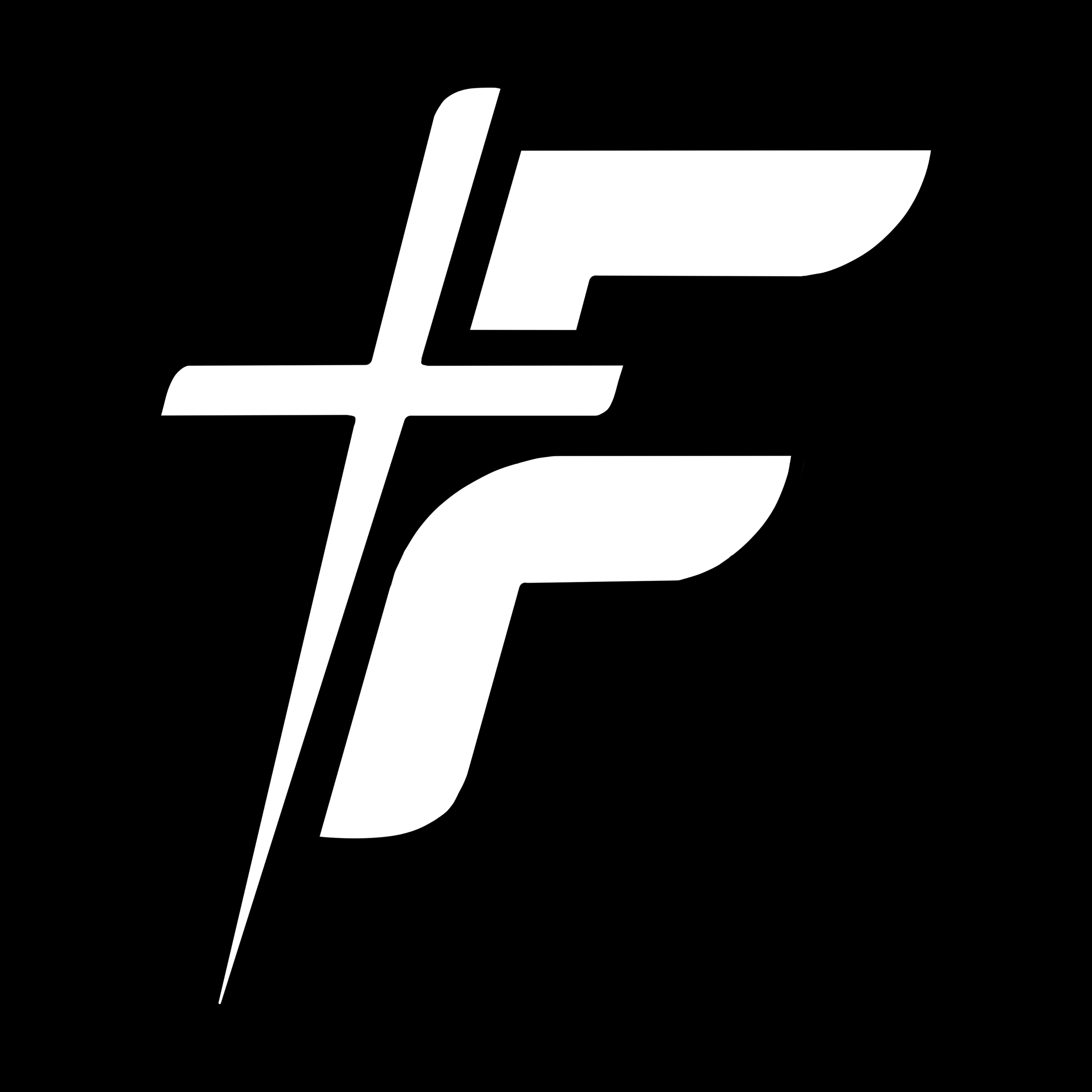 Faith On Fire logo Black square with a white F letter in the centre, the F has a cross in it.